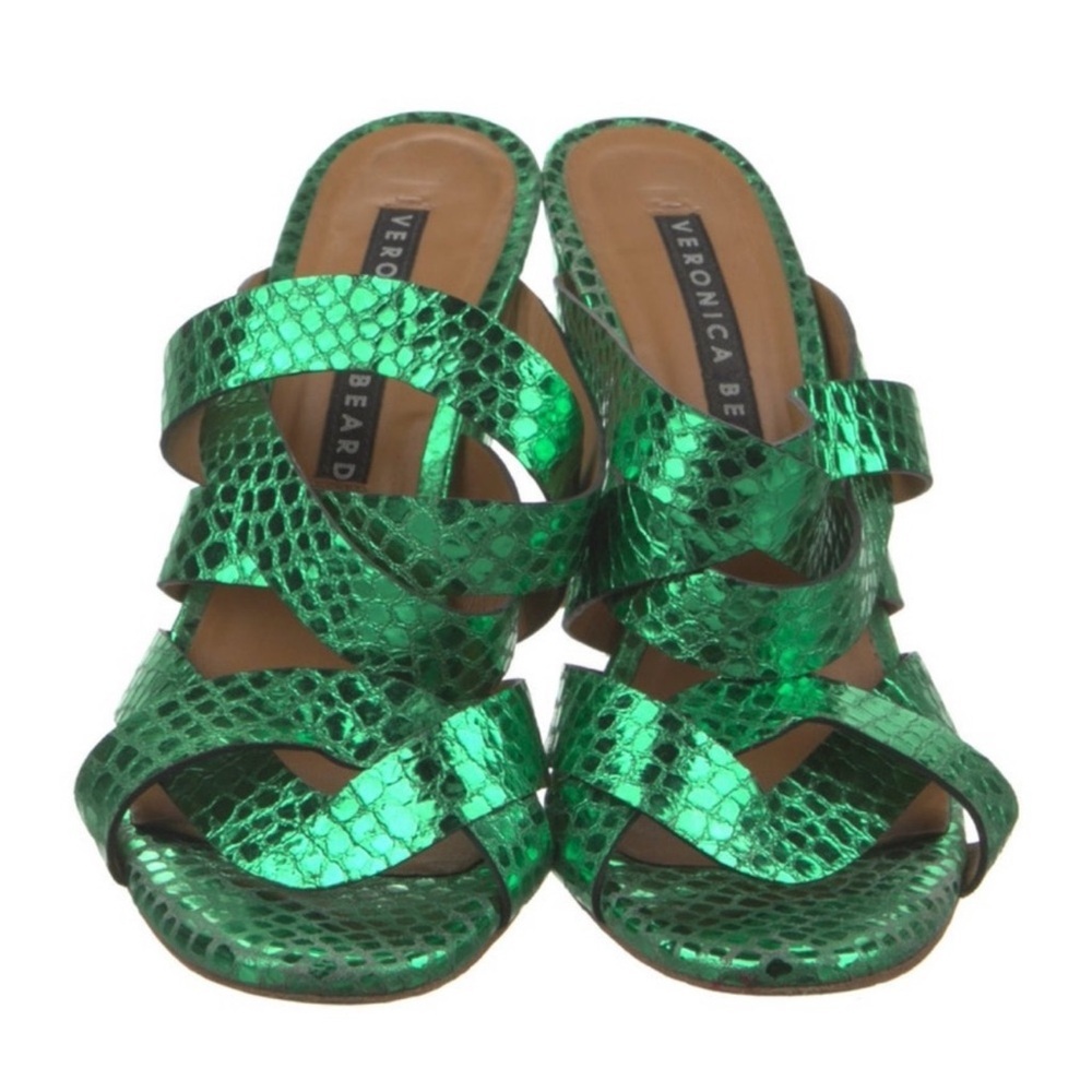 Veronica Beard Emerald Snake Print Mules - Picture 2 of 12